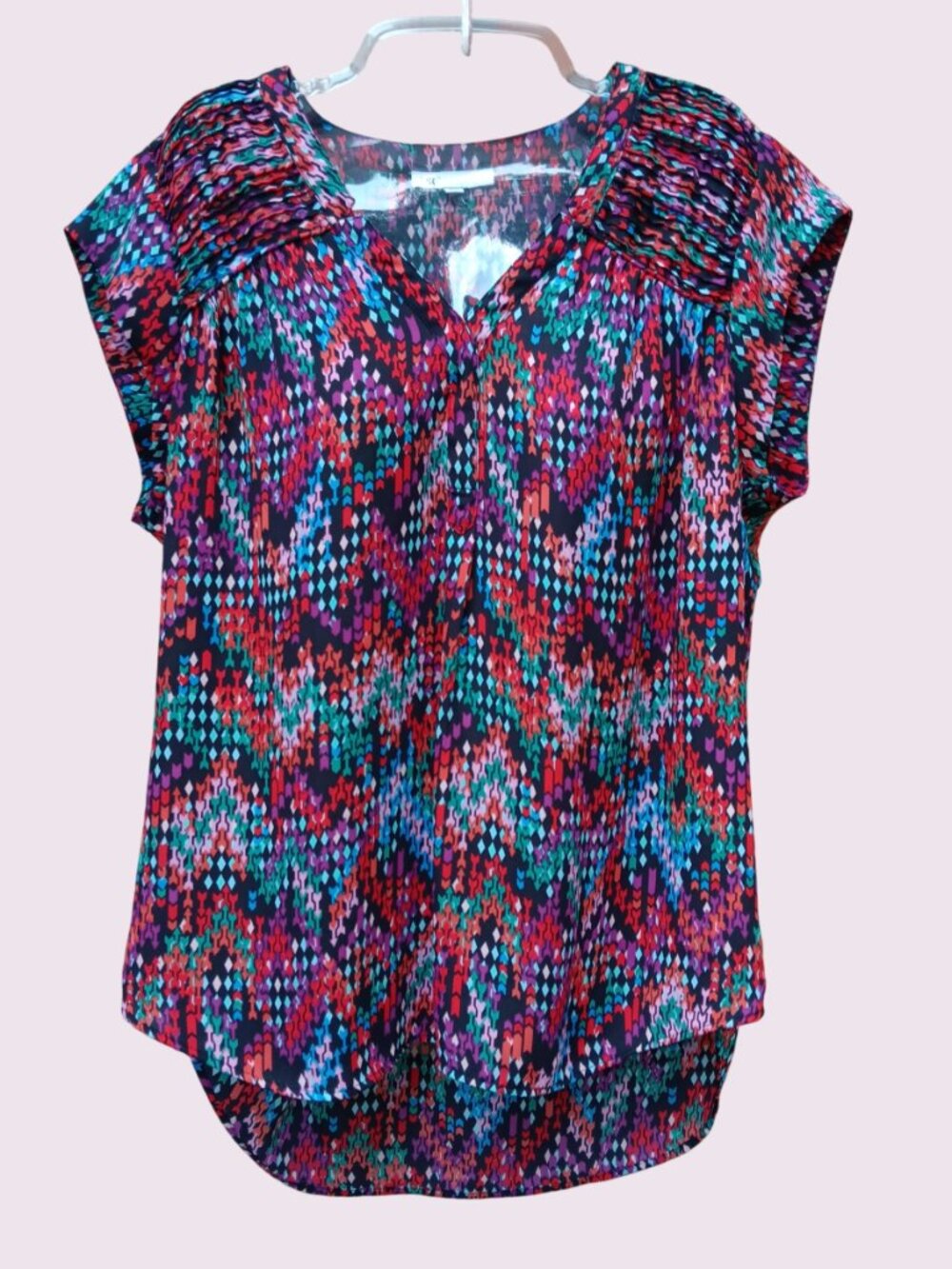 DR2 Womens Top Blouse Short Cap Sleeves V-neck Colorful Size L